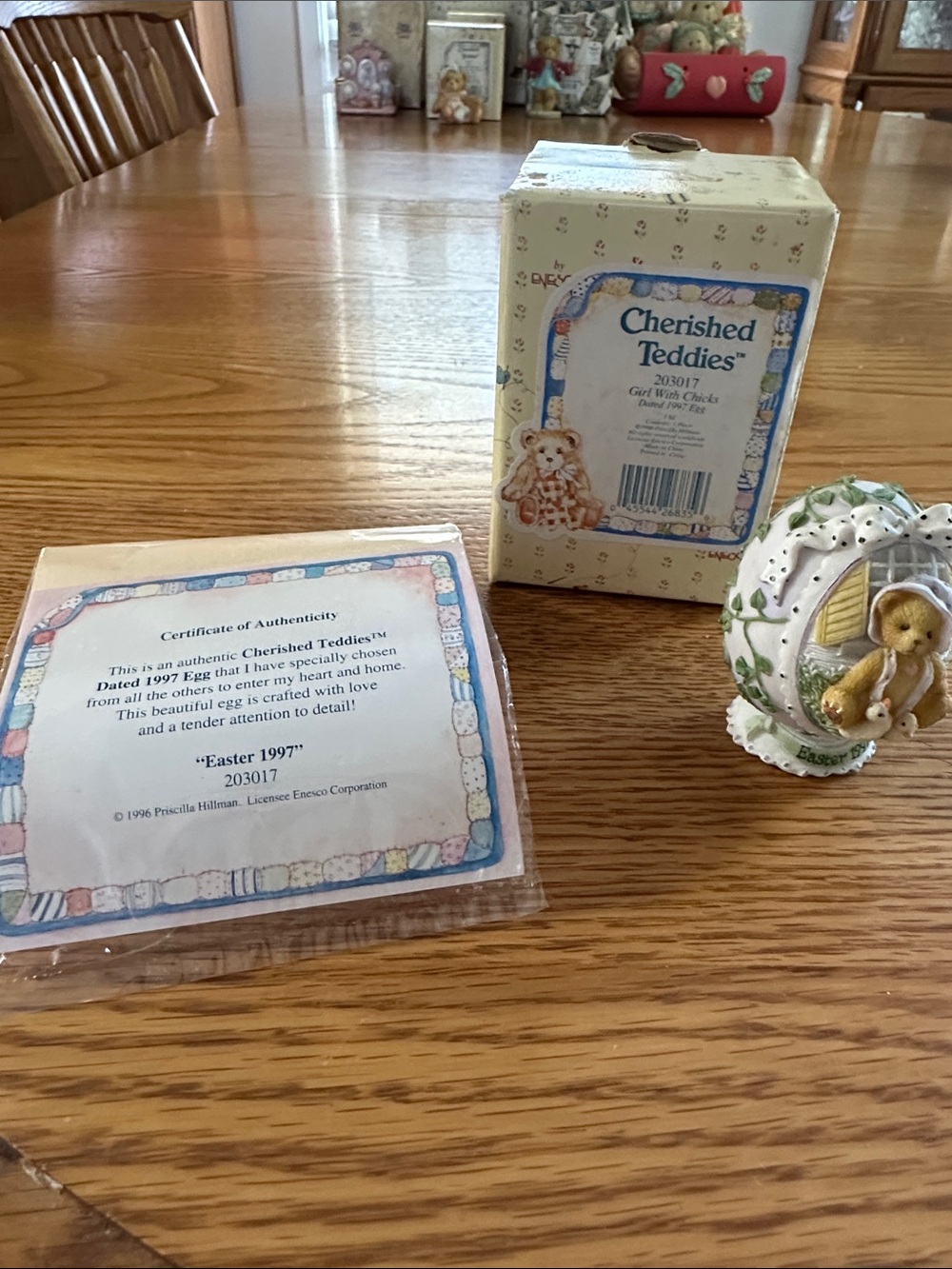 Cherished Teddies White and Green Decorative Egg with Bear Figurine